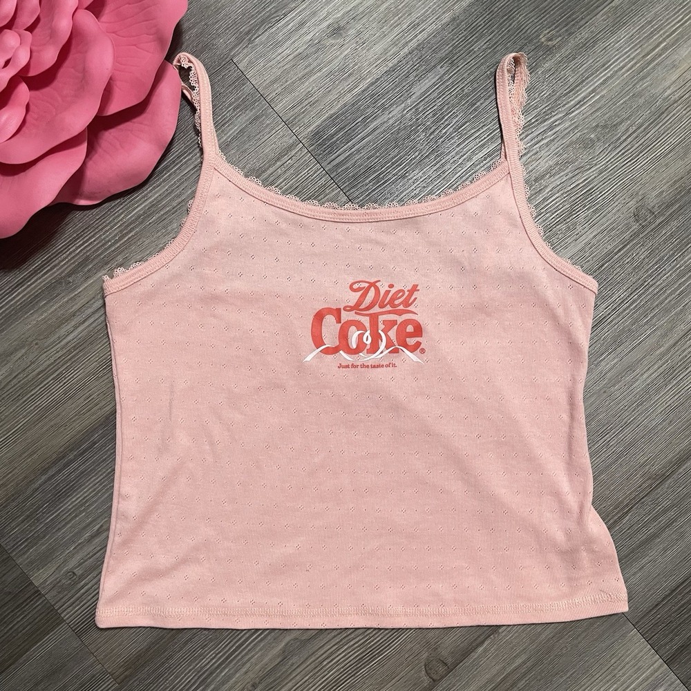 COCA-COLA Retro Y2K Crop Tank Top Lace Trim XL Pink w/ Red DIET COKE Logo